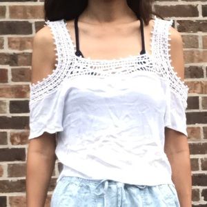 Aqua xs lace crochet trimmed cold shoulder tank